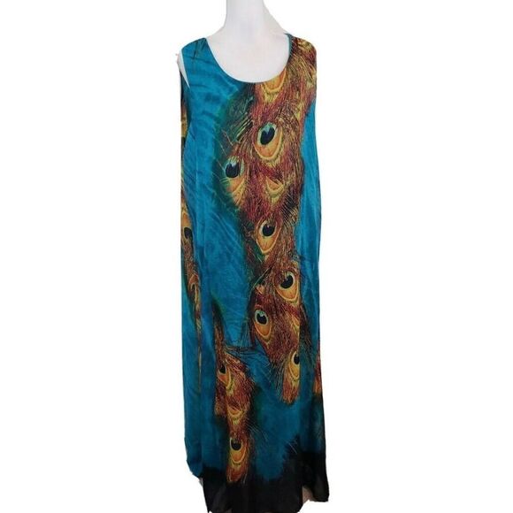 Gracila Women’s Blue Peacock Feather Design Long Tank SunDress Size 4X - Picture 2 of 8